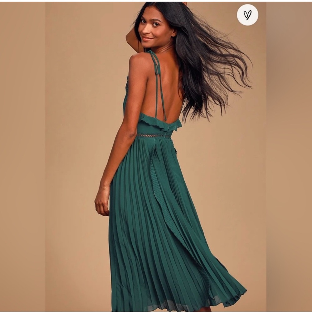 Lulus Never a Dull Moment Tie-Strap Pleated Midi Dress - Emerald Green - Picture 2 of 11